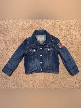 Ralph Lauren Kids Dark Blue Denim Jacket with Flag Patch, size 3T.